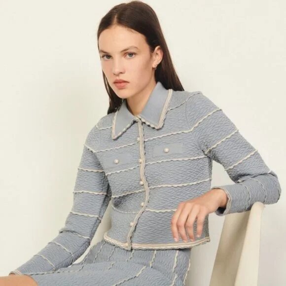 Sandro ! Infinity Scallop-trim Cardigan in Sky Blue ( 0- US/XS) - Picture 1 of 11